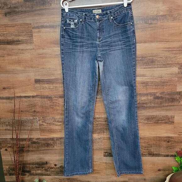 Earl Jeans Size 10 Mid Rise Straight Jeweled Button Flap Wings Medium Light - Picture 2 of 11